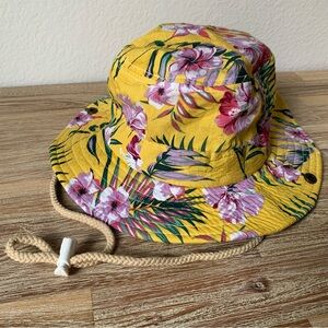 Girls Cotton Bucket Hat with Hawaiian Floral Print Adjustable Chin Cord